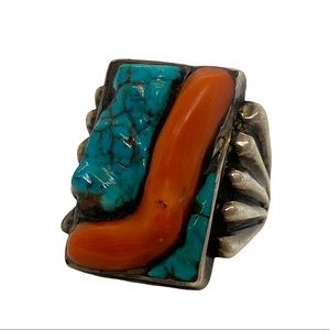 Vintage Sterling Silver 925 Turquoise & Coral Native American Ring Size 11